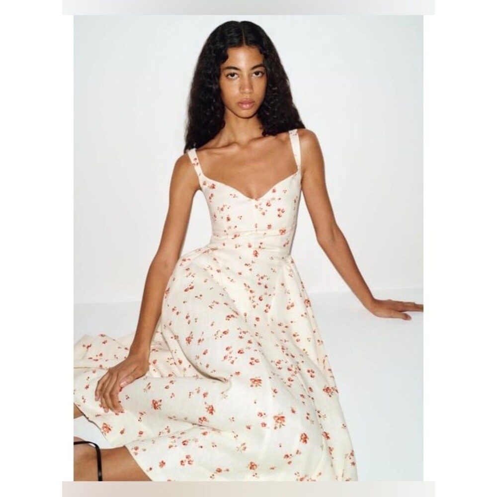NWOT Reformation Birdie Floral Linen Midi Dress Cream with Rust Floral